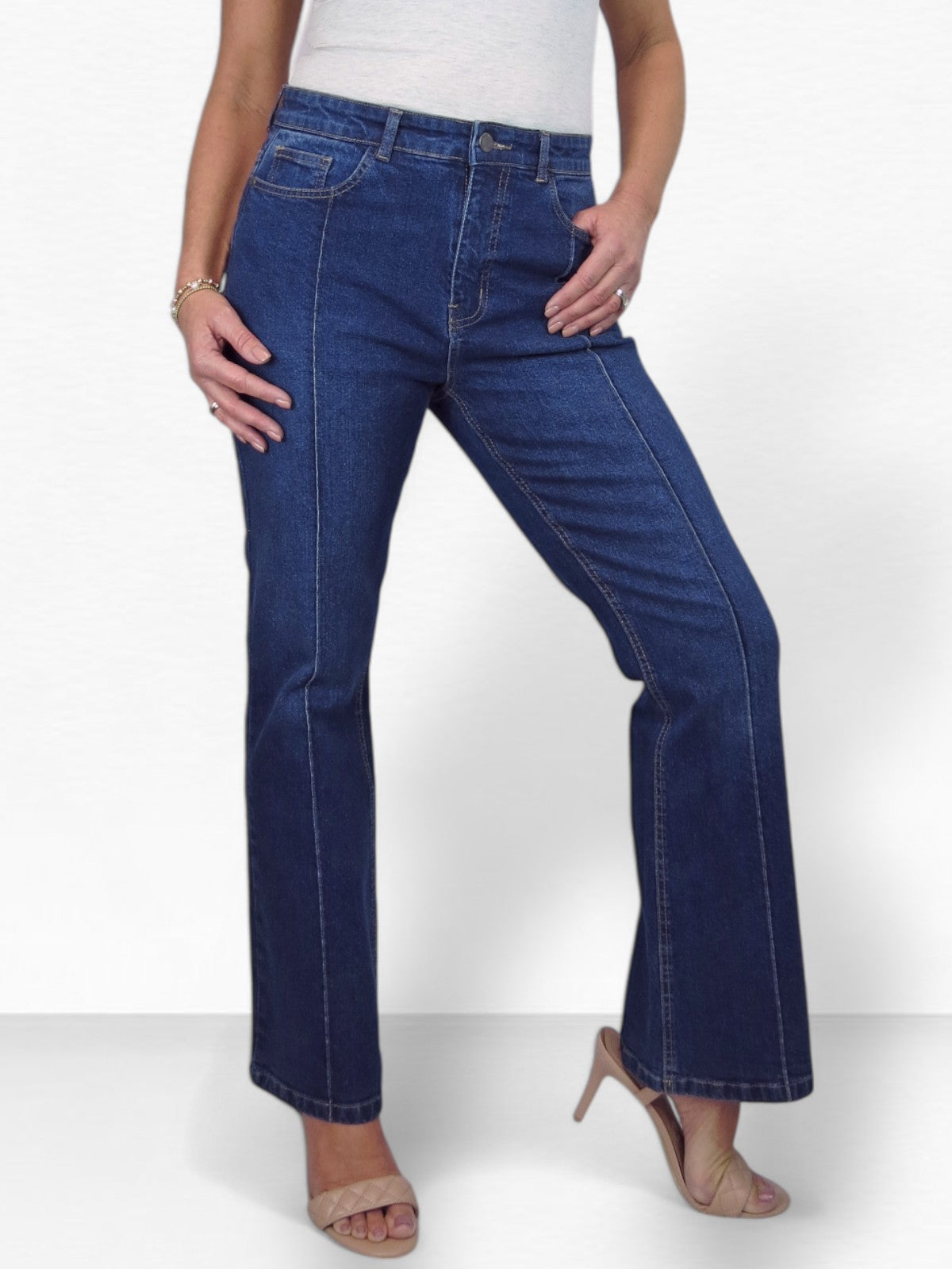 Womens Flared Jeans with Pintuck Seam Detail Denim Dark Blue Faded