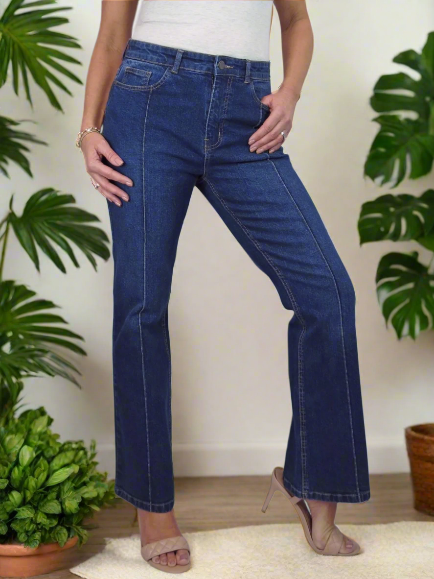 Womens Flared Jeans with Pintuck Seam Detail Denim Dark Blue Faded