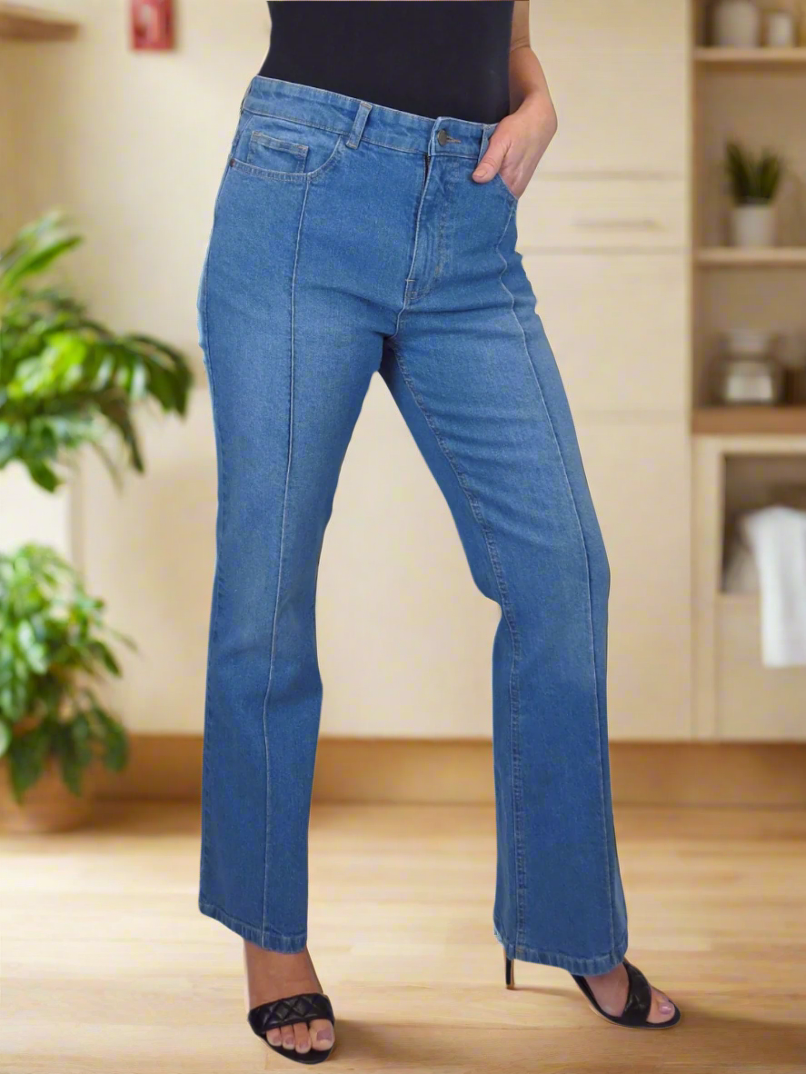 Womens Flared Jeans with Pintuck Seam Detail Denim Mid Blue Faded