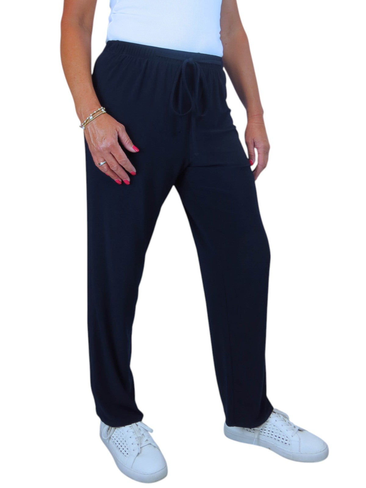 Women's Elasticated Waist Straight Leg Trousers Navy Blue