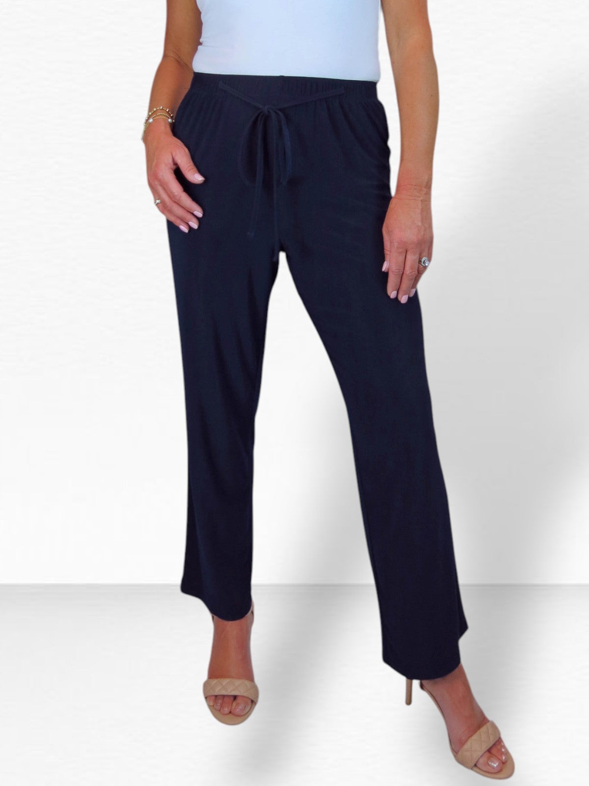 Women's Elasticated Waist Straight Leg Trousers Navy Blue