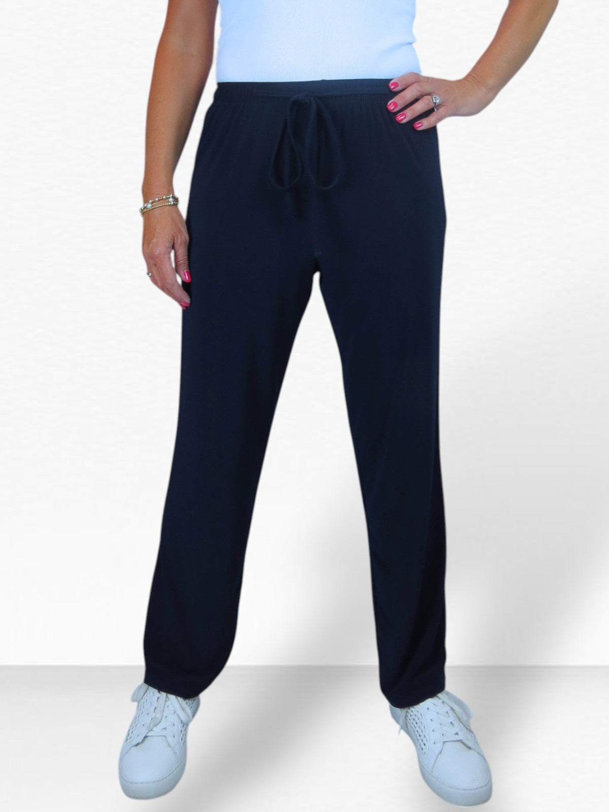 Women's Elasticated Waist Straight Leg Trousers Navy Blue