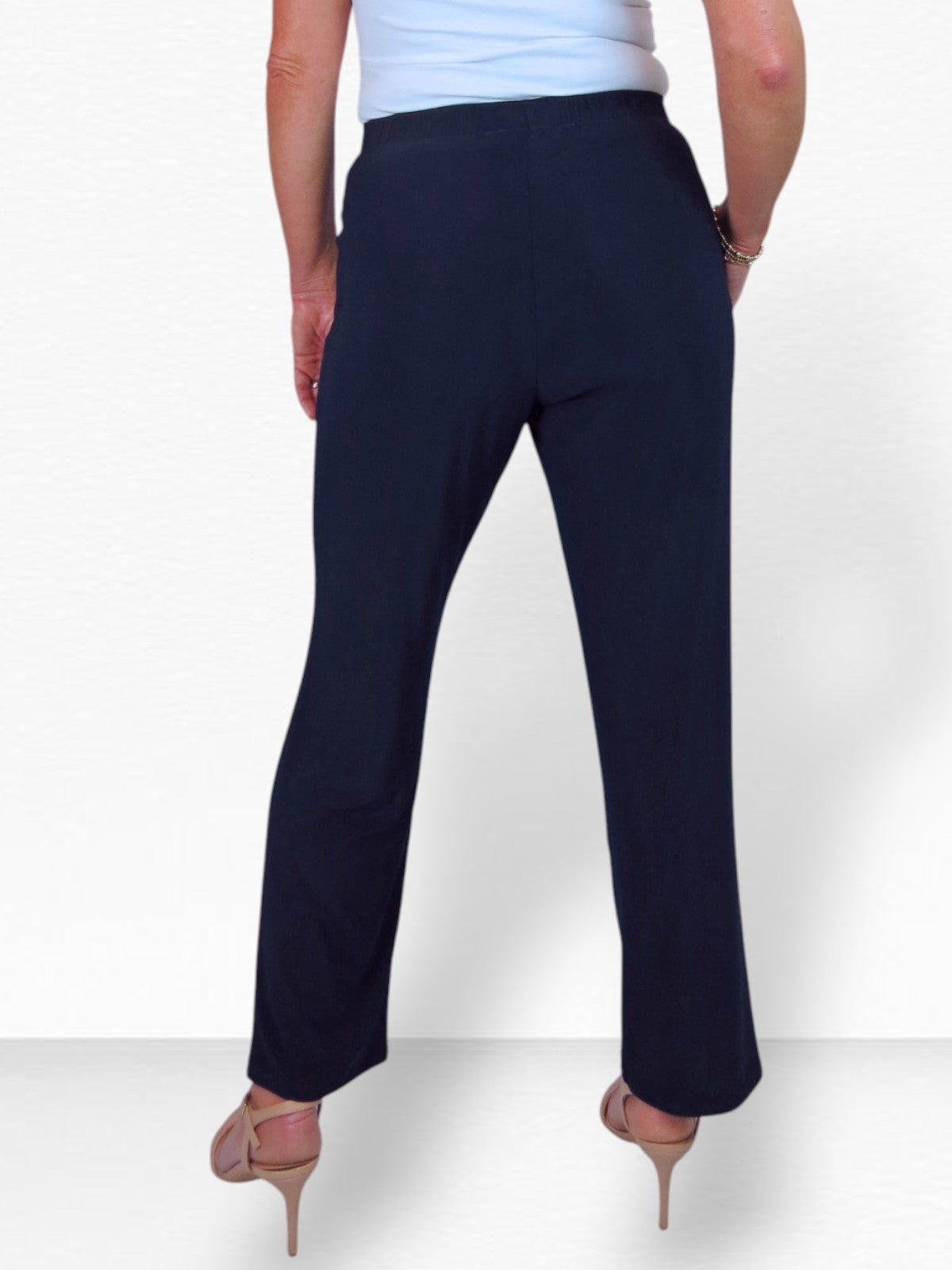 Women's Elasticated Waist Straight Leg Trousers Navy Blue
