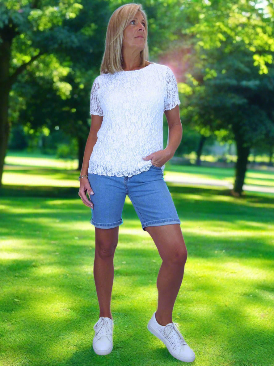 Womens Stretch Denim Shorts Slim Fit Mid Blue Faded