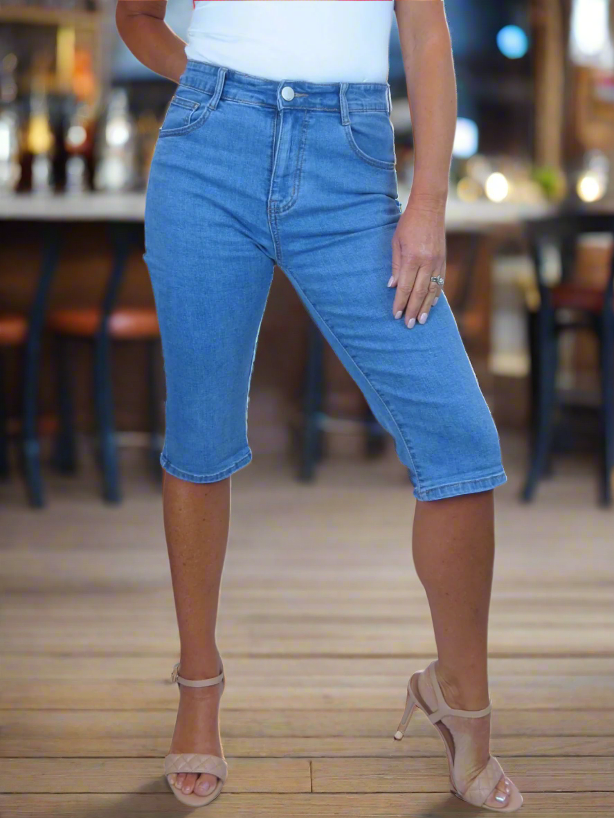 Womens Crop Knee Length Denim Jean Shorts