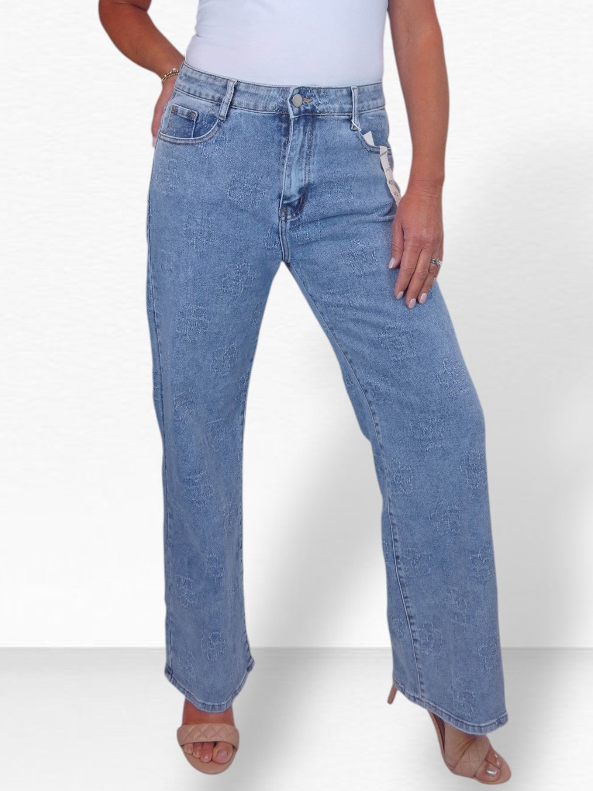 Womens Floral Stitch Deisgn Wide Leg Denim Jeans
