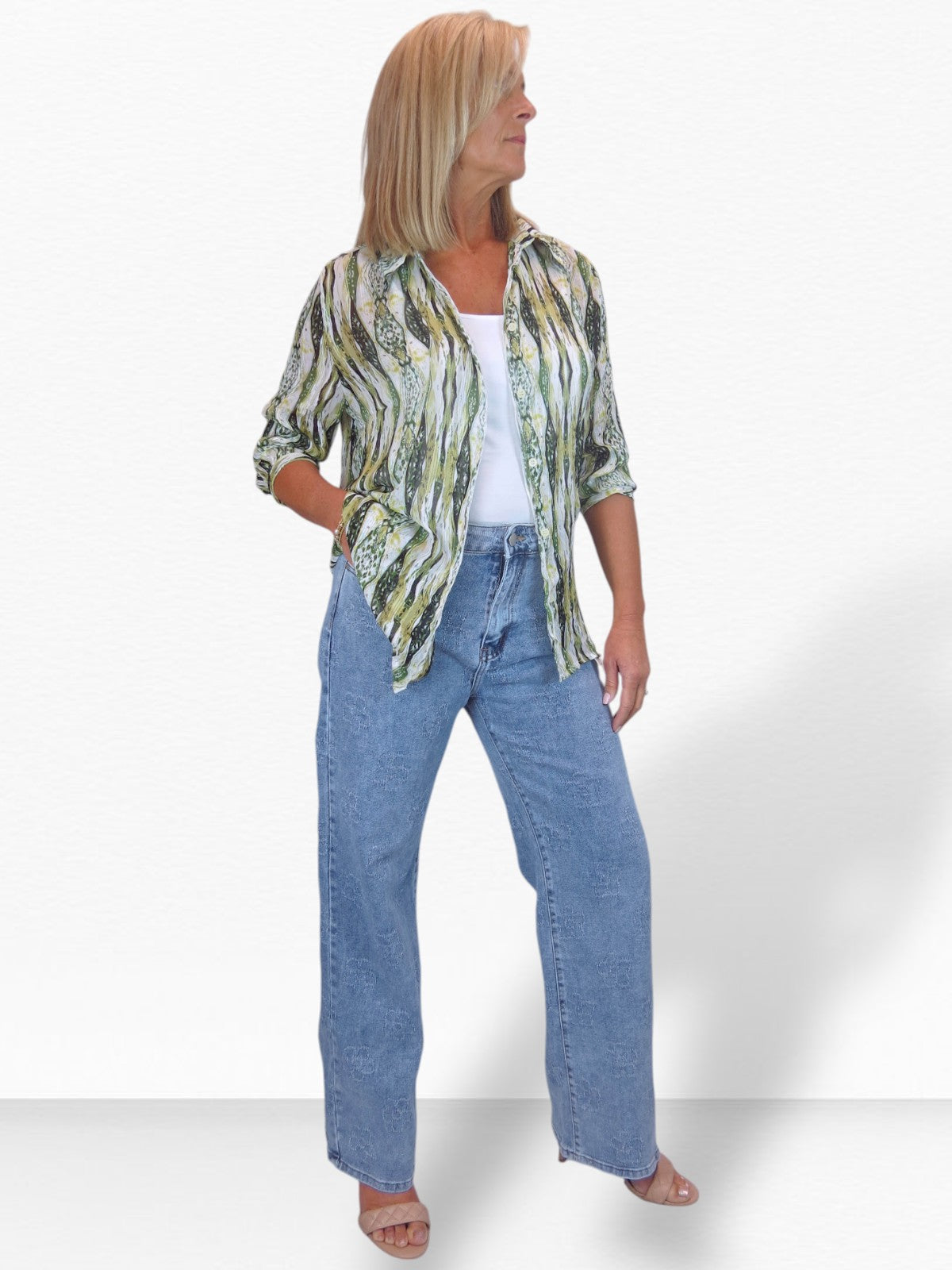 Womens Floral Stitch Deisgn Wide Leg Denim Jeans