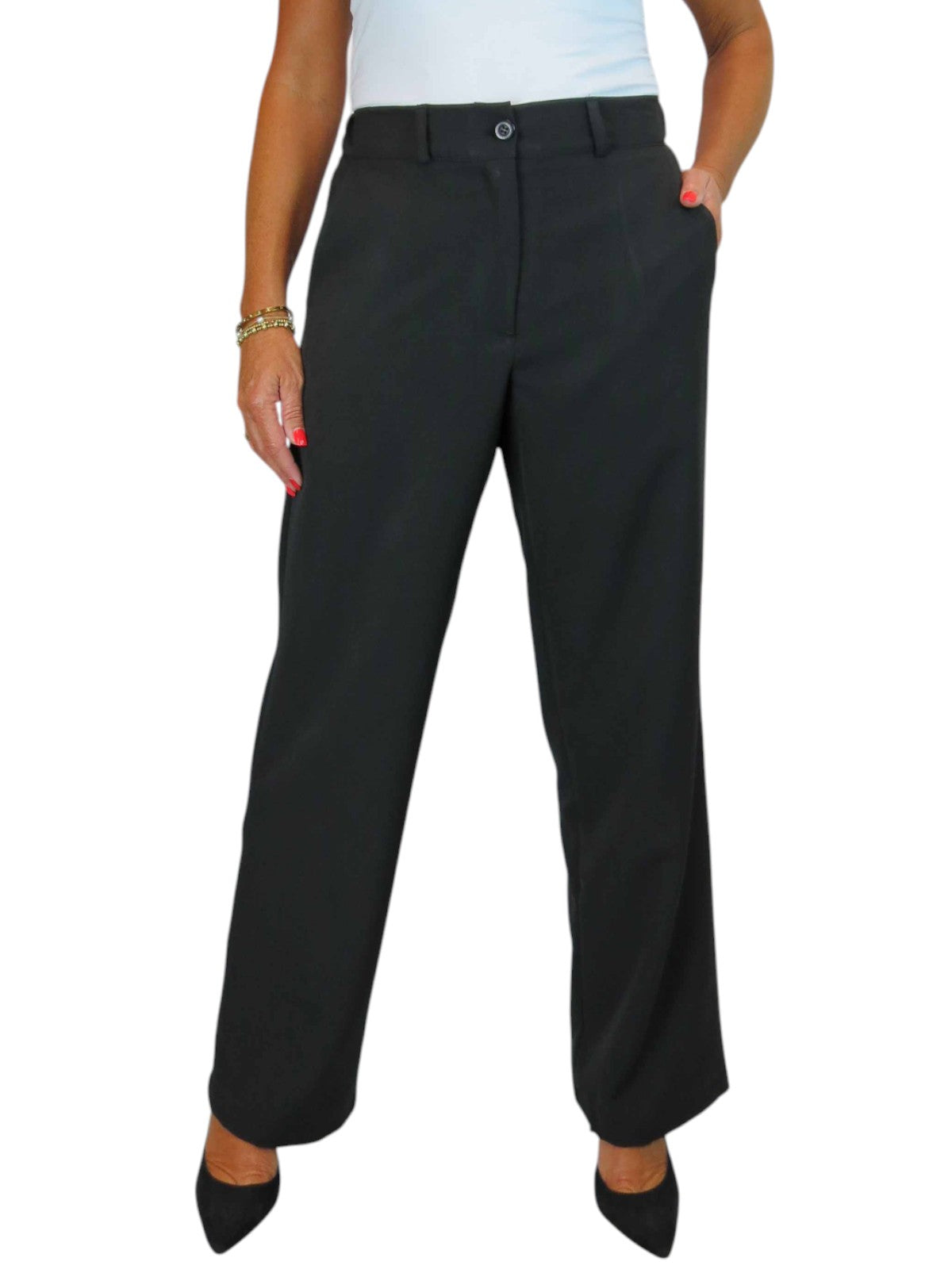 Women's Smart Straight Leg Trousers With Half Elasticated Waist Black