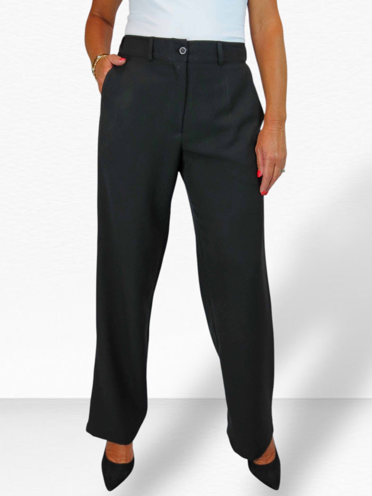 Women's Smart Straight Leg Trousers With Half Elasticated Waist Black