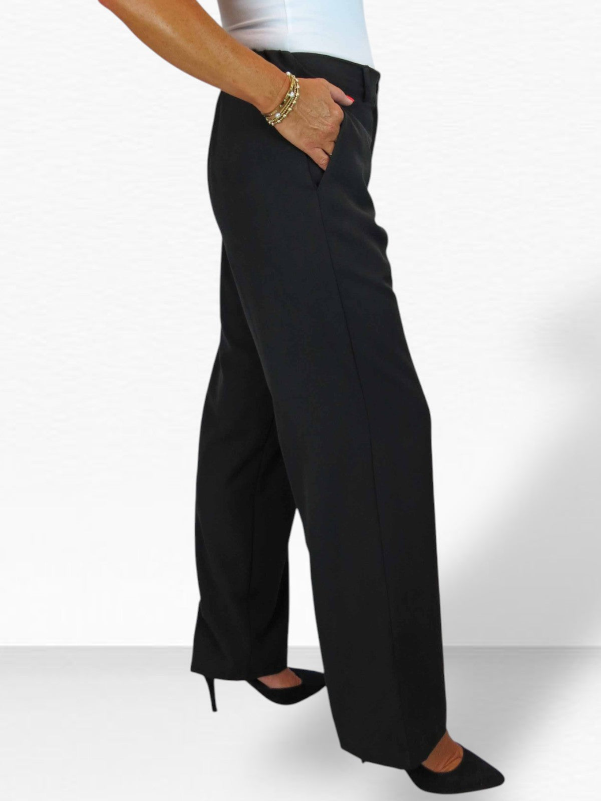 Women's Smart Straight Leg Trousers With Half Elasticated Waist Black
