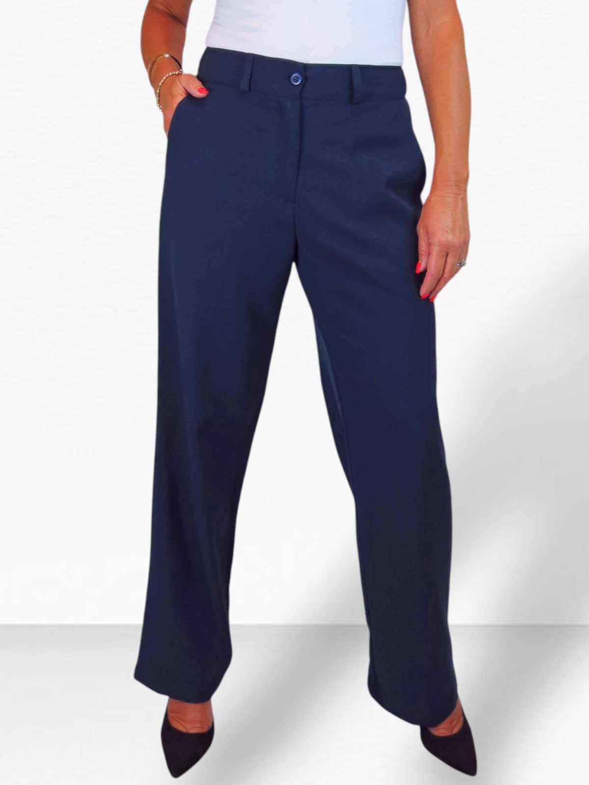 Women's Smart Straight Leg Trousers With Half Elasticated Waist Navy Blue