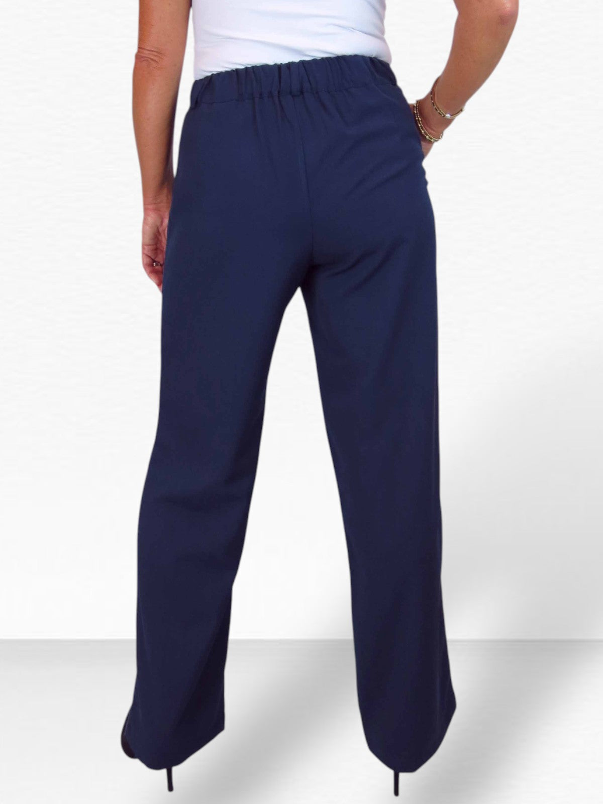 Women's Smart Straight Leg Trousers With Half Elasticated Waist Navy Blue