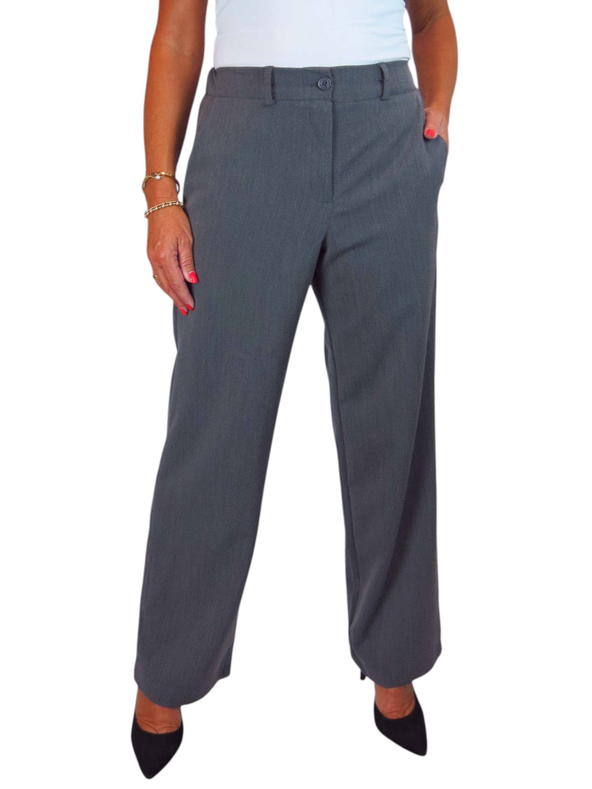Women's Smart Straight Leg Trousers With Half Elasticated Waist Marl Grey