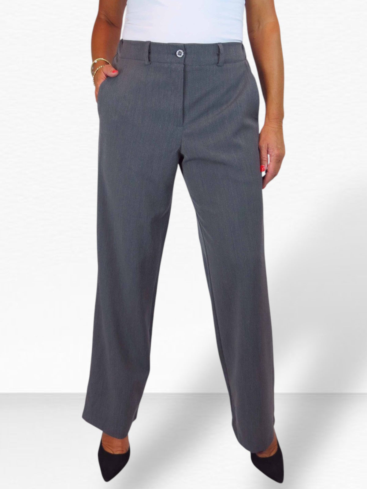 Women's Smart Straight Leg Trousers With Half Elasticated Waist Marl Grey