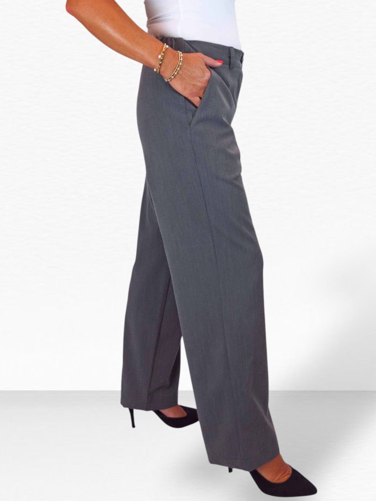 Women's Smart Straight Leg Trousers With Half Elasticated Waist Marl Grey