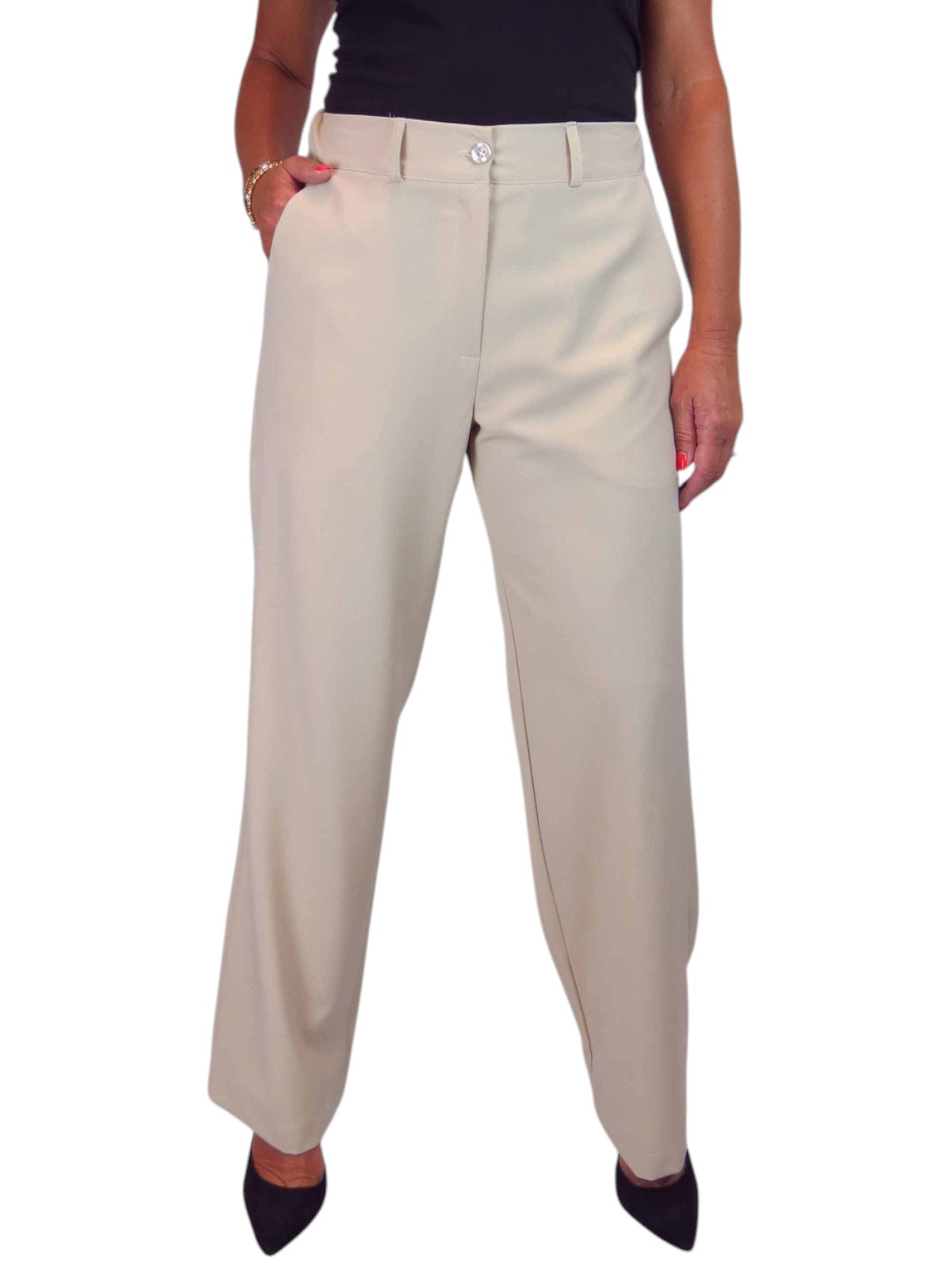 Women's Smart Straight Leg Trousers With Half Elasticated Waist Beige