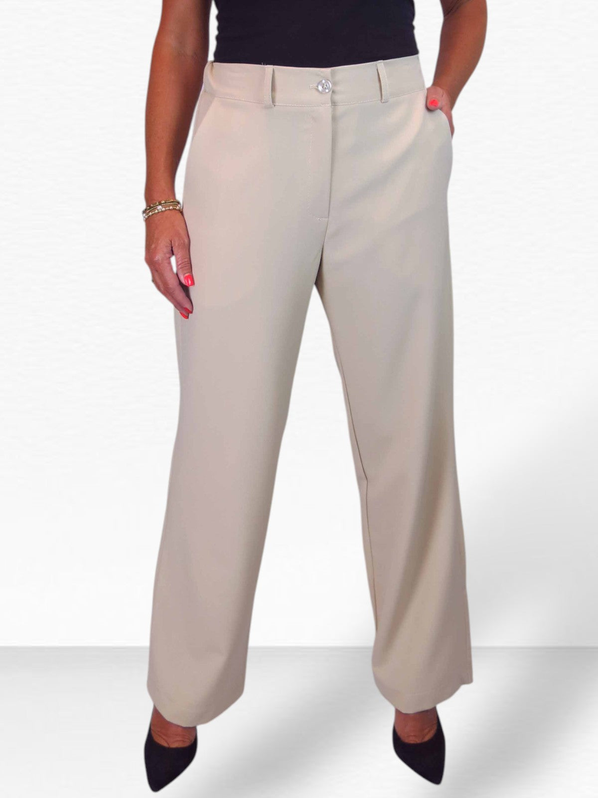 Women's Smart Straight Leg Trousers With Half Elasticated Waist Beige