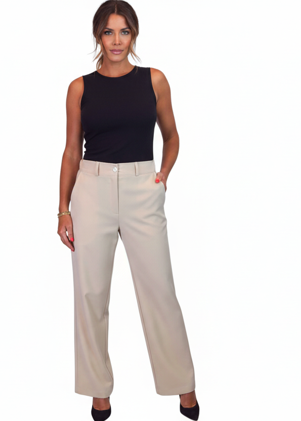 Women's Smart Straight Leg Trousers With Half Elasticated Waist Beige