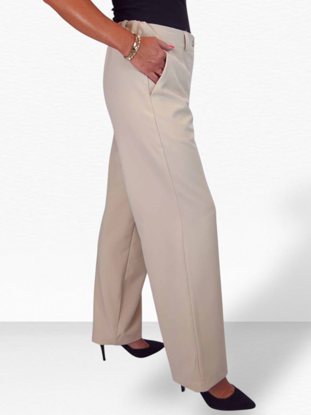 Women's Smart Straight Leg Trousers With Half Elasticated Waist Beige
