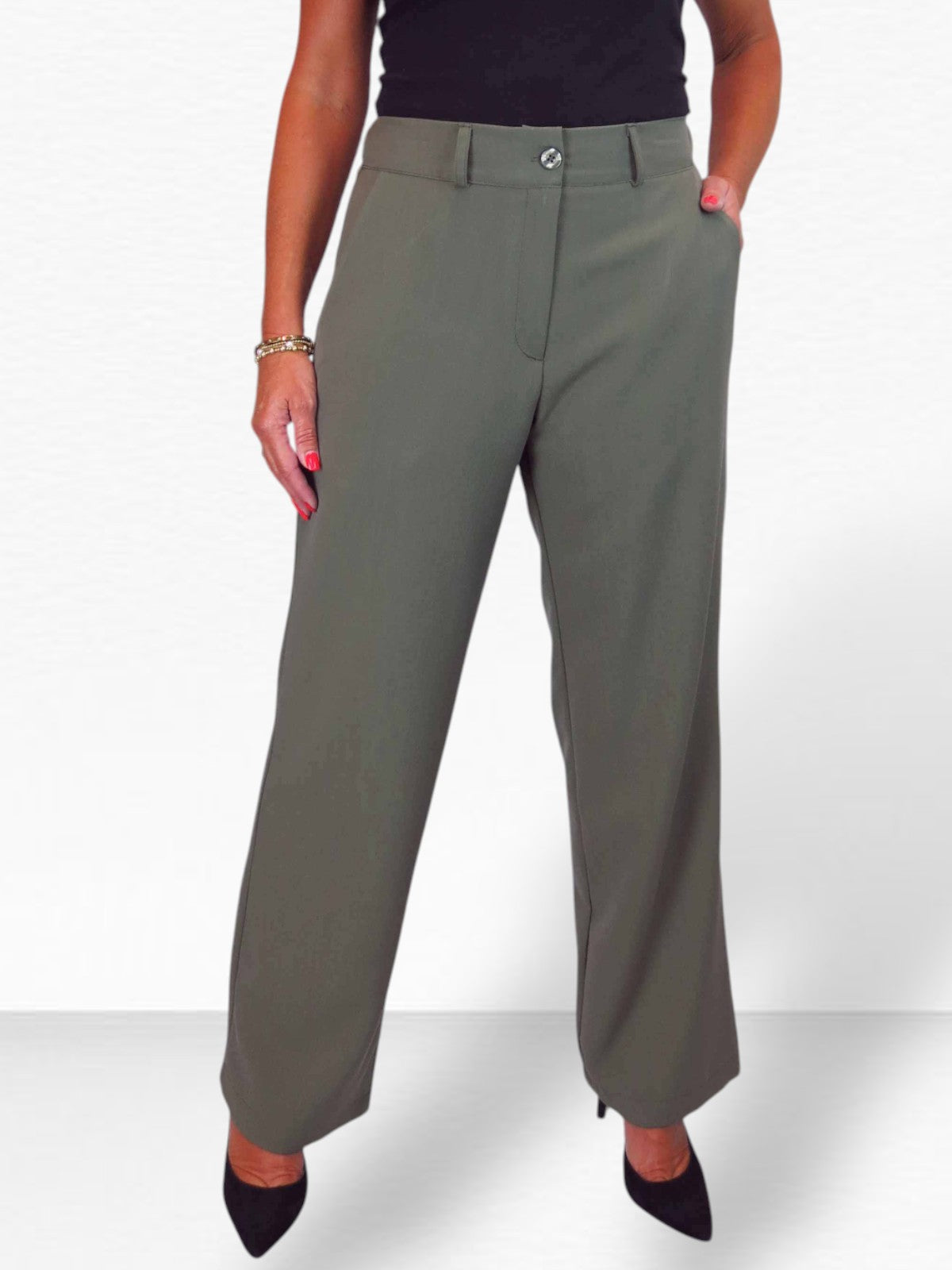 Women's Smart Straight Leg Trousers With Half Elasticated Waist Khaki Green
