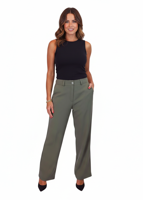 Women's Smart Straight Leg Trousers With Half Elasticated Waist Khaki Green
