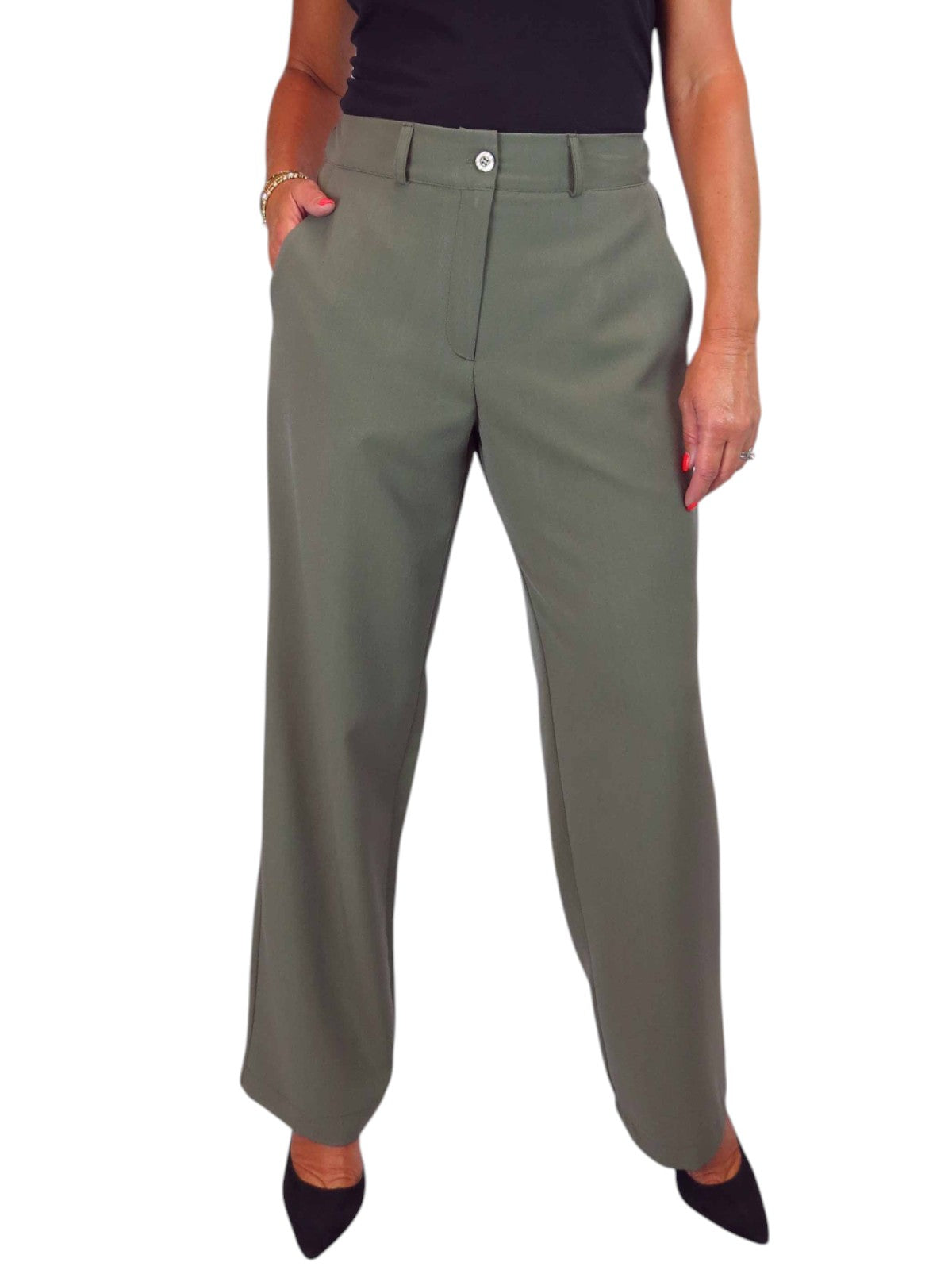 Women's Smart Straight Leg Trousers With Half Elasticated Waist Khaki Green