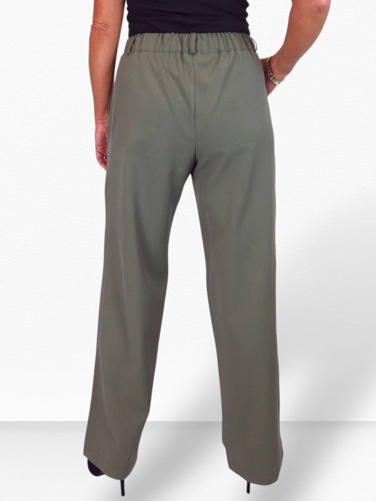 Women's Smart Straight Leg Trousers With Half Elasticated Waist Khaki Green