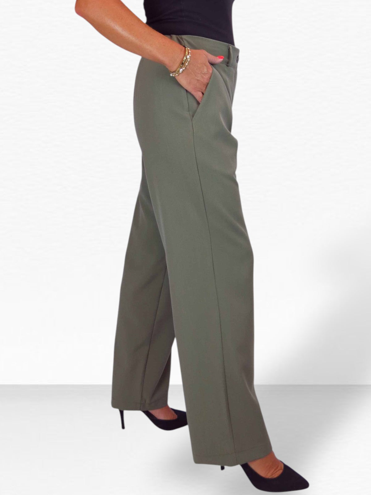 Women's Smart Straight Leg Trousers With Half Elasticated Waist Khaki Green