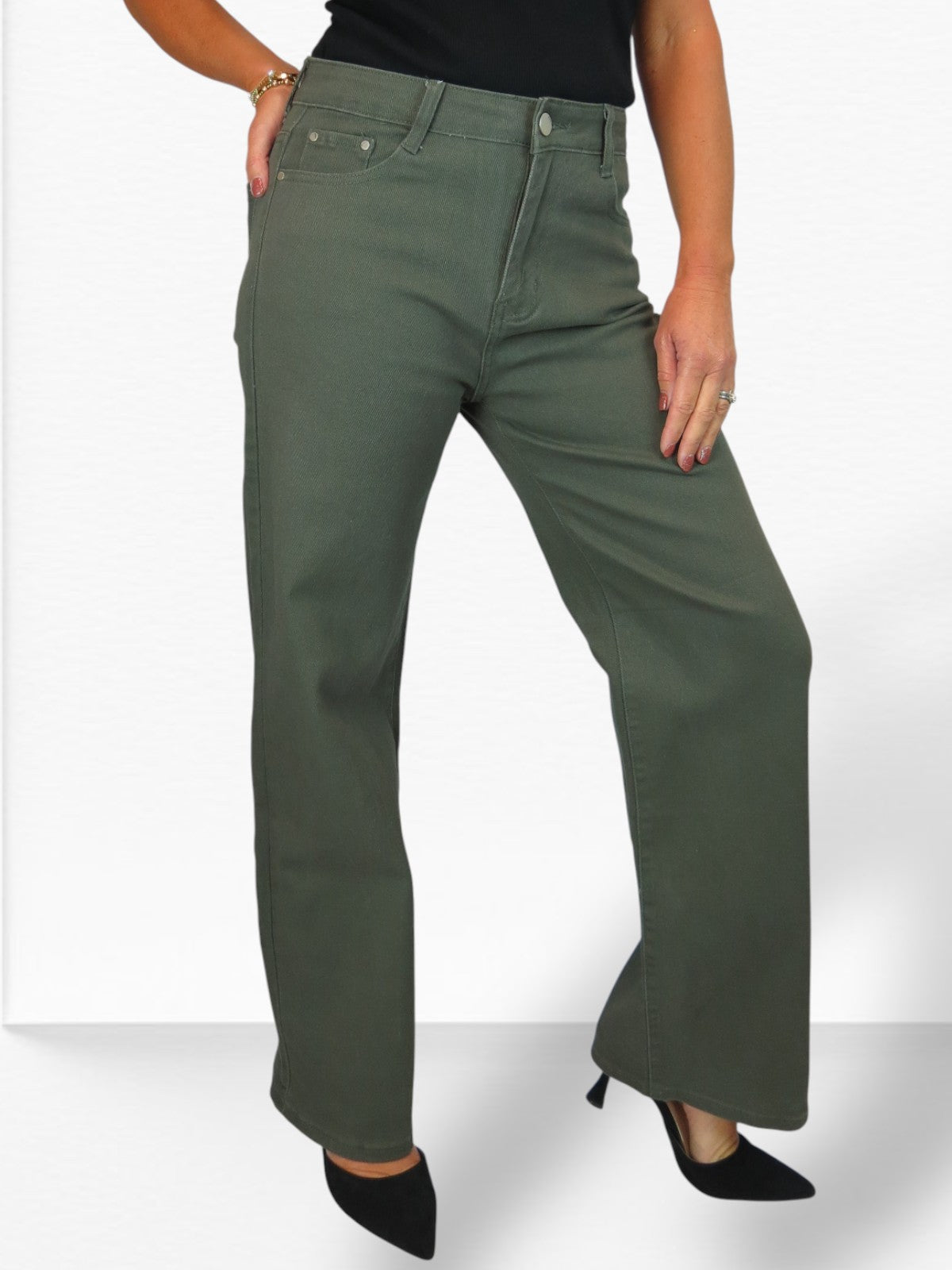 Wide Leg High Waist Jeans Khaki Green