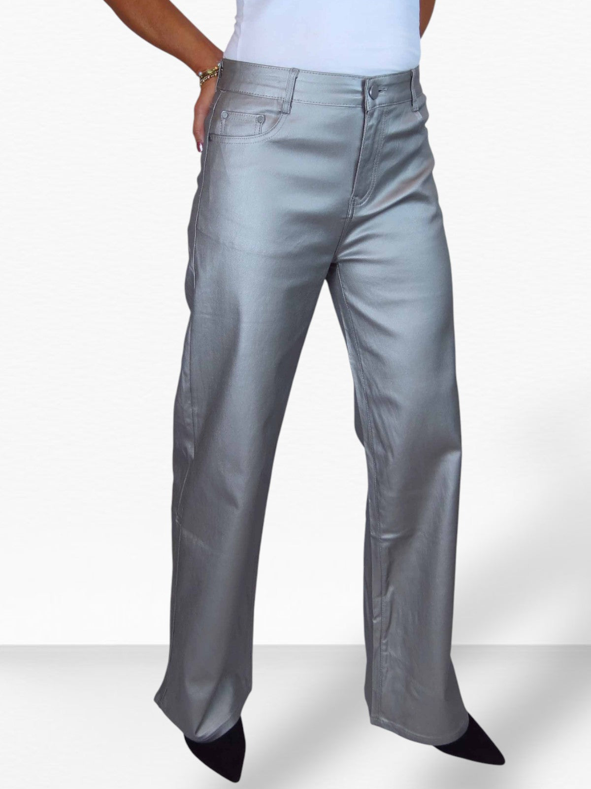 Wide Leg Coated Leather Look Jeans Silver
