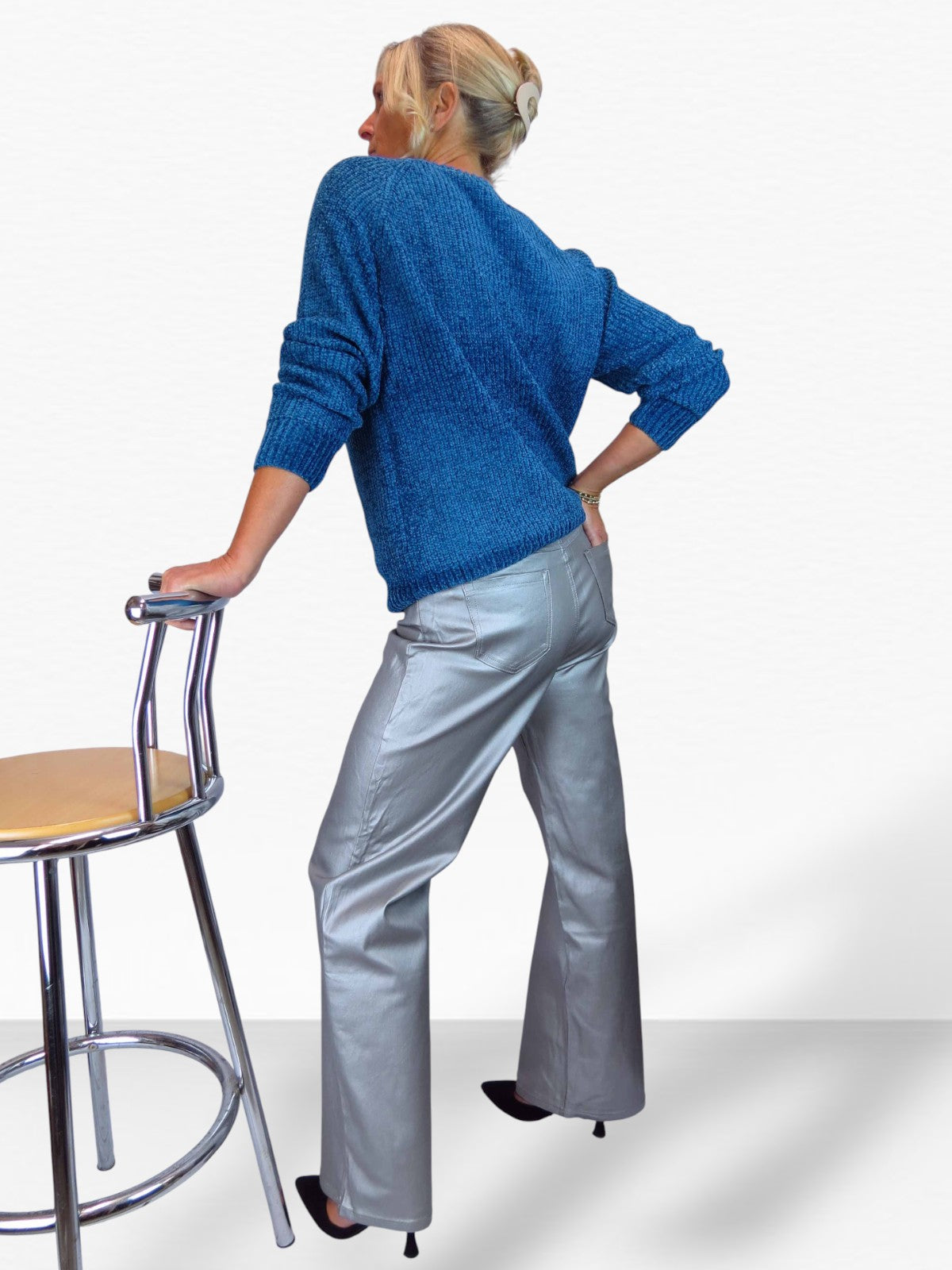 Wide Leg Coated Leather Look Jeans Silver