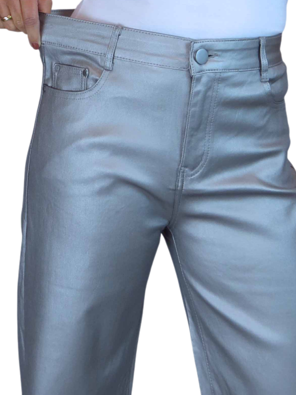 Wide Leg Coated Leather Look Jeans Silver