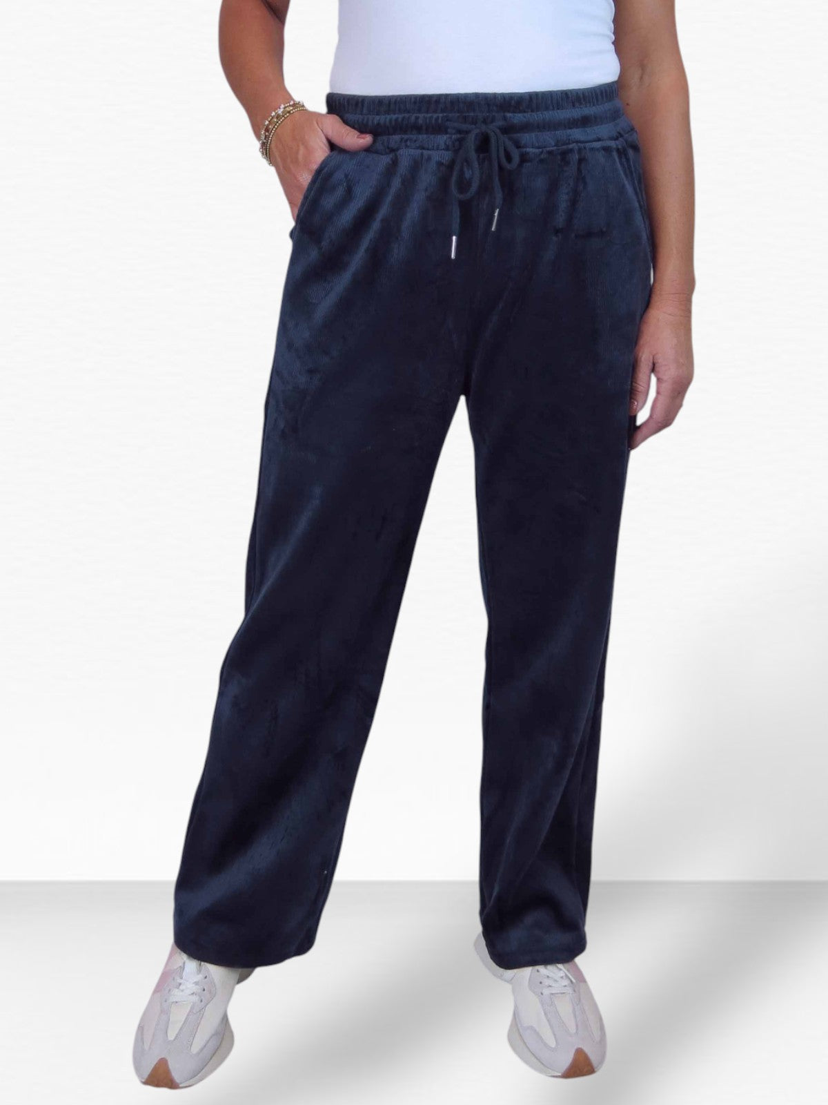 Straight Leg Elastic Waist Corduroy Trousers Navy Blue