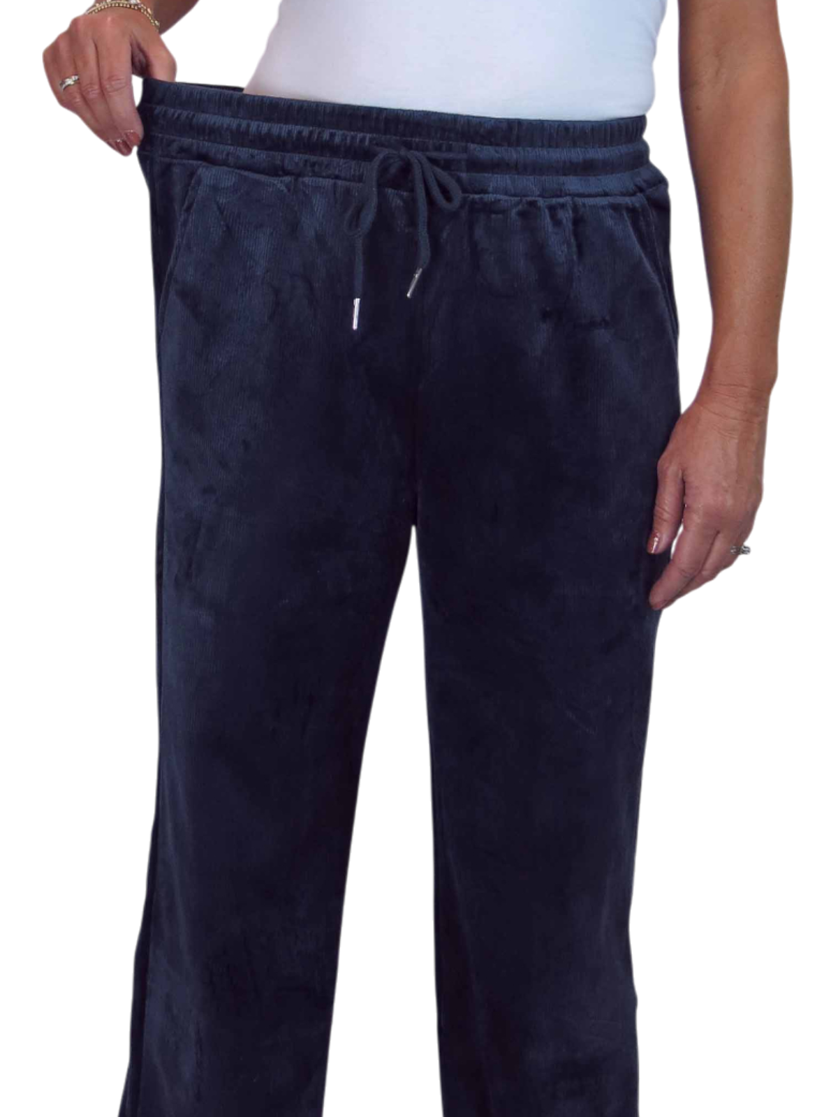 Straight Leg Elastic Waist Corduroy Trousers Navy Blue