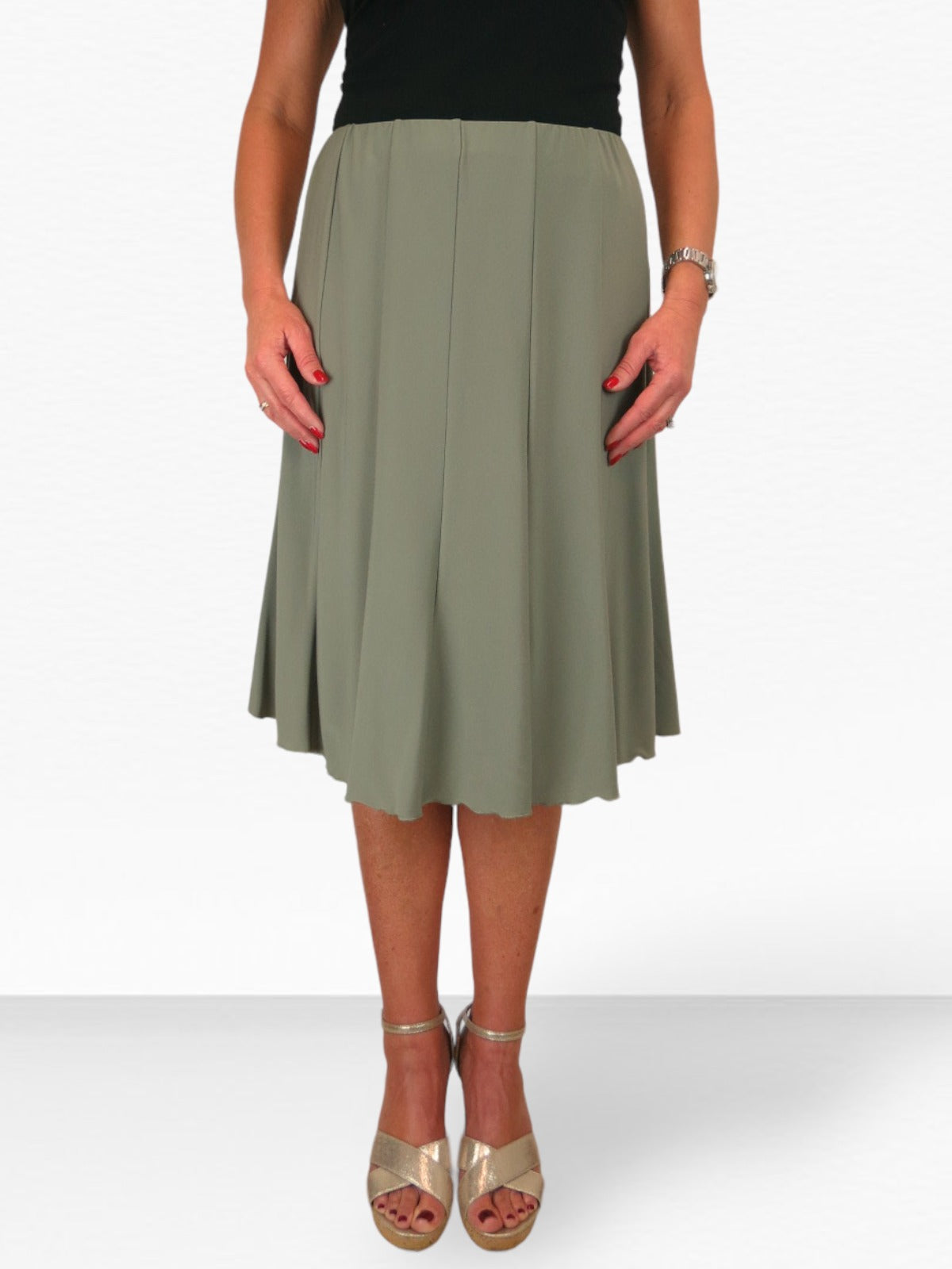 Fully Lined Stretch Below Knee Flare Skirt Olive