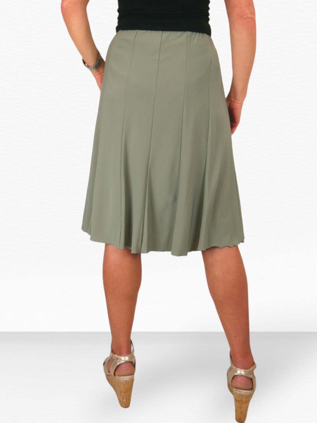 Fully Lined Stretch Below Knee Flare Skirt Olive