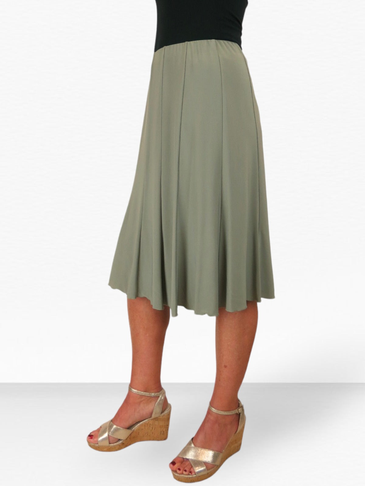 Fully Lined Stretch Below Knee Flare Skirt Olive