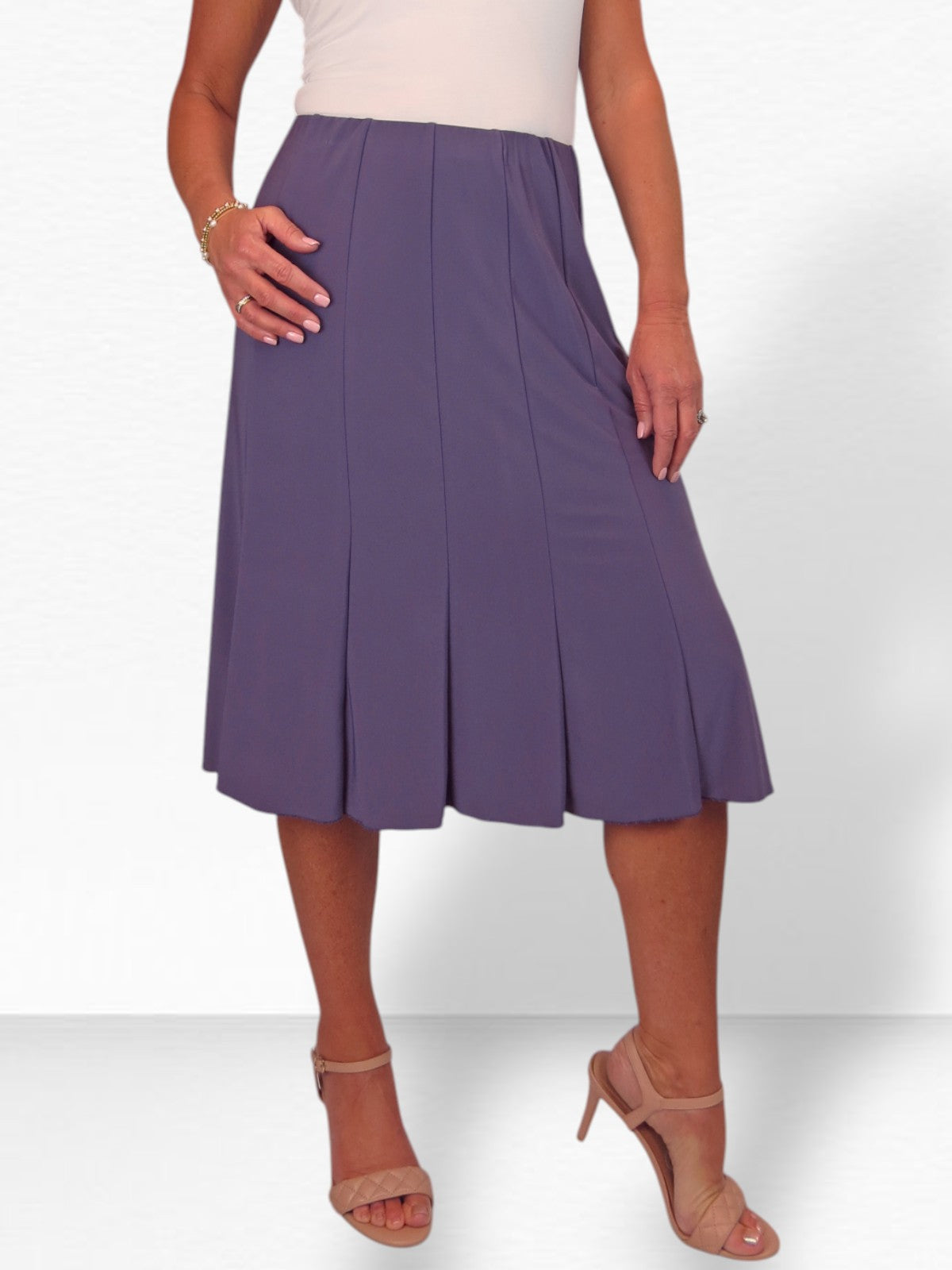 Smart Lined Stretch Below Knee Flare Skirt Purple