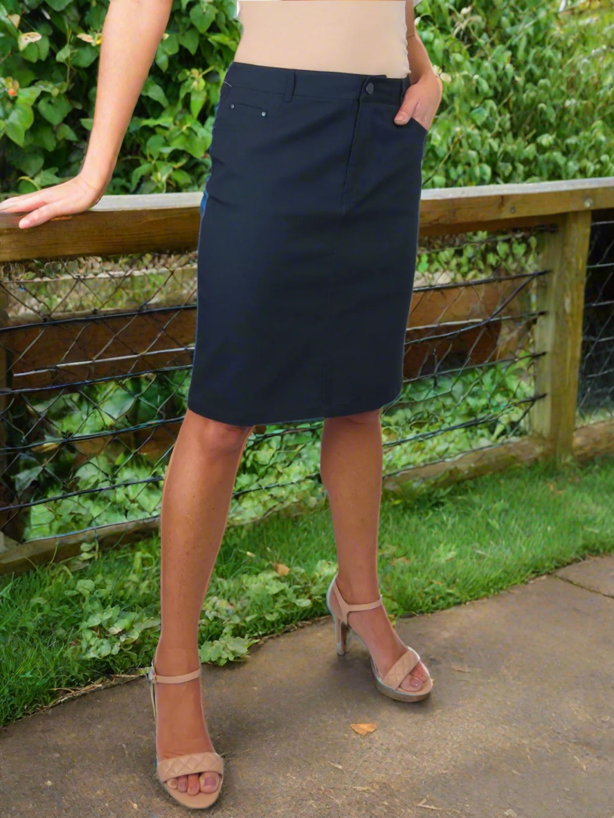 Women's Knee Length Stretch Chino Pencil Skirt Navy Blue