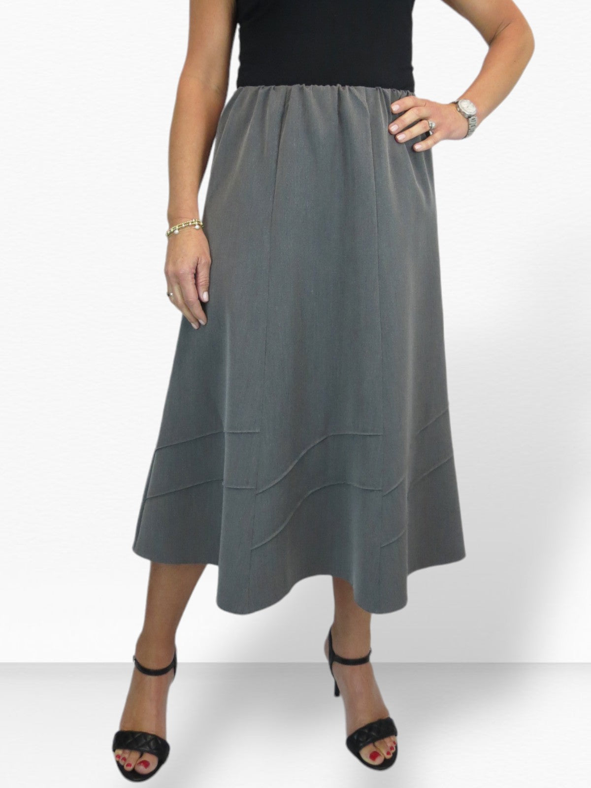 Women's Smart Flared Midi Skirt Elastic Waist Marl Grey