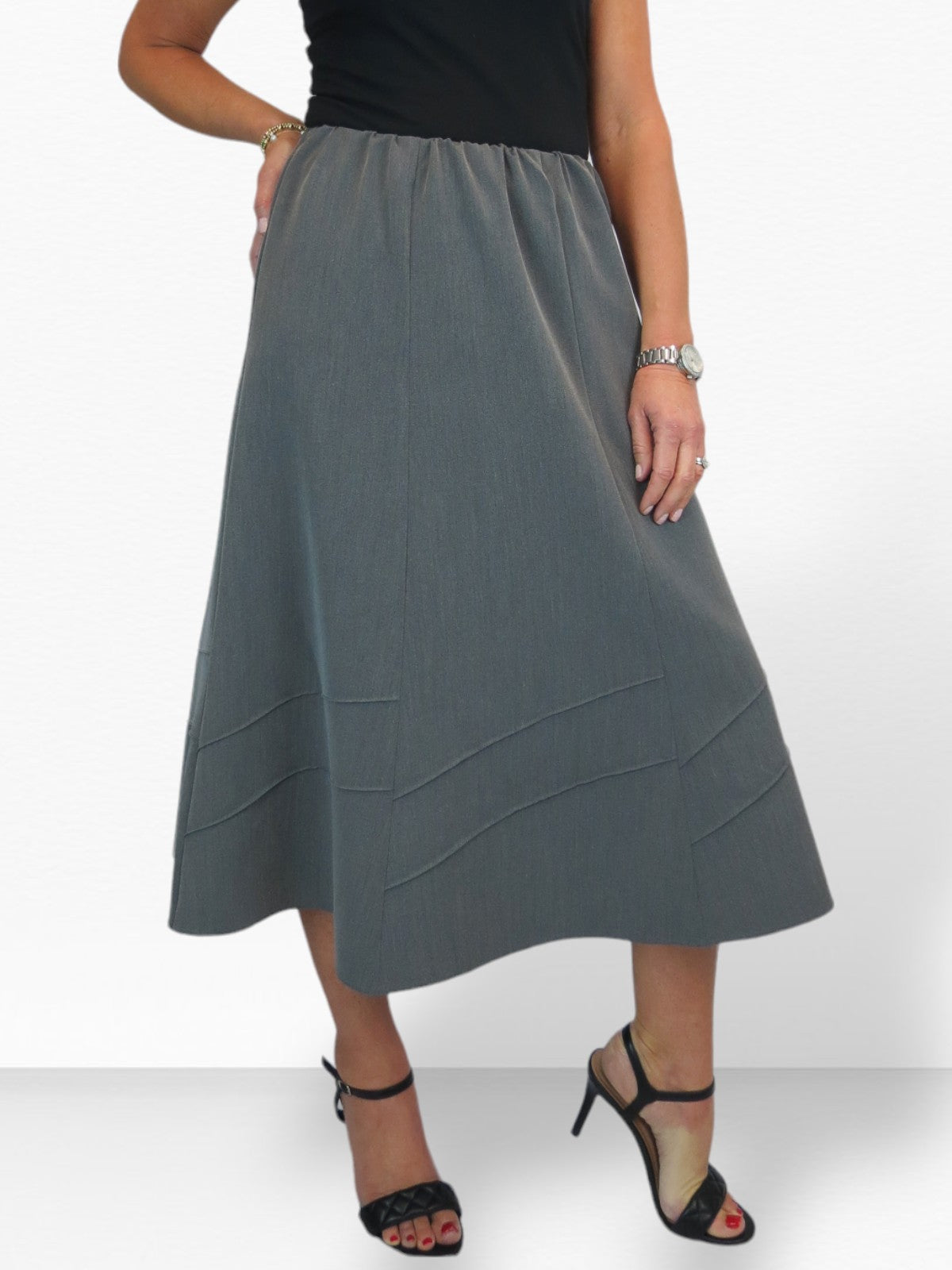 Women's Smart Flared Midi Skirt Elastic Waist Marl Grey
