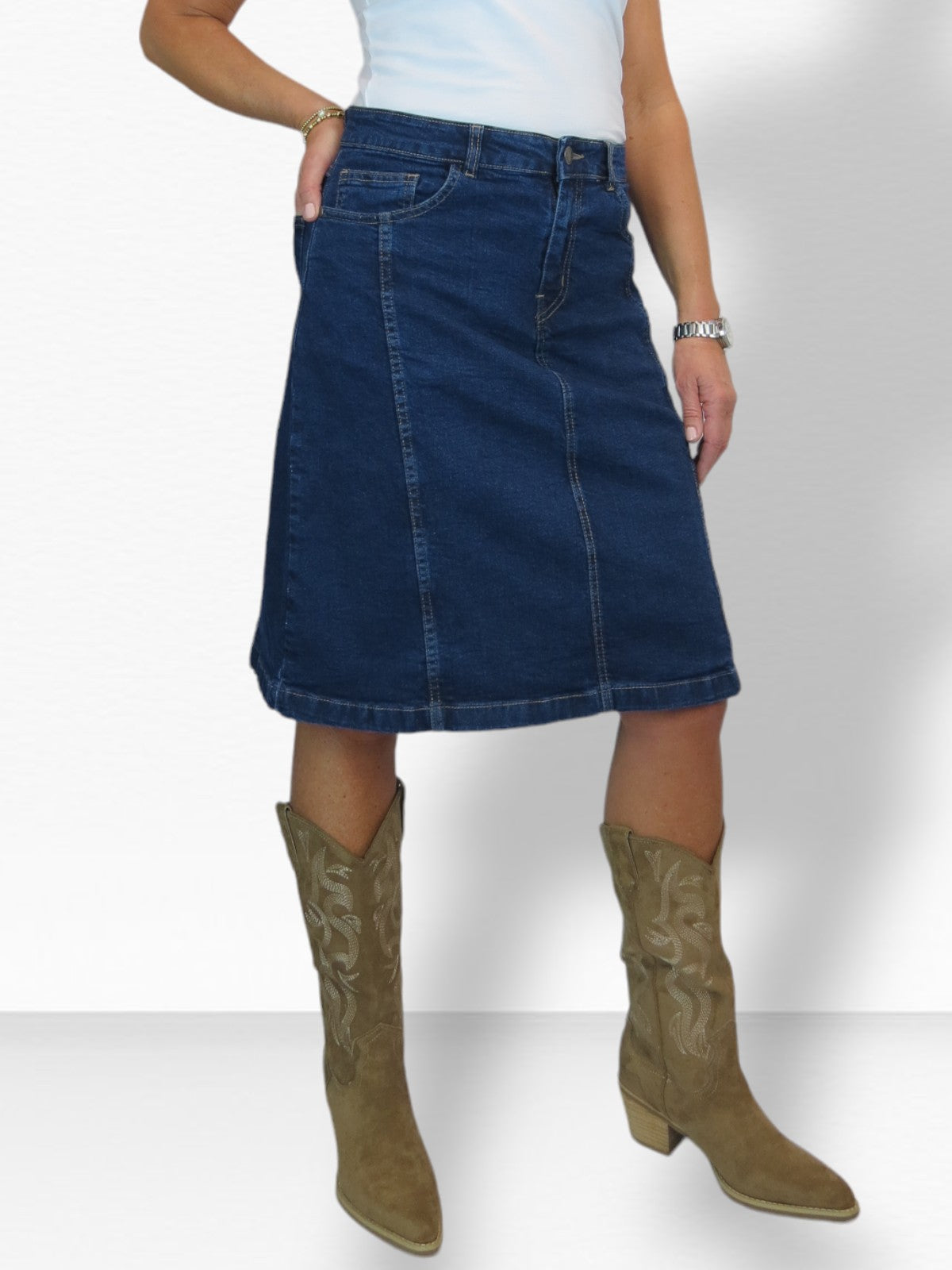 Women's Panelled Denim A Line Skirt Smooth Indigo