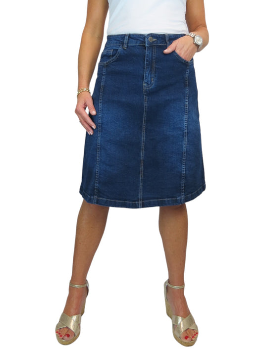 Women's Panelled Denim A Line Skirt Faded Indigo