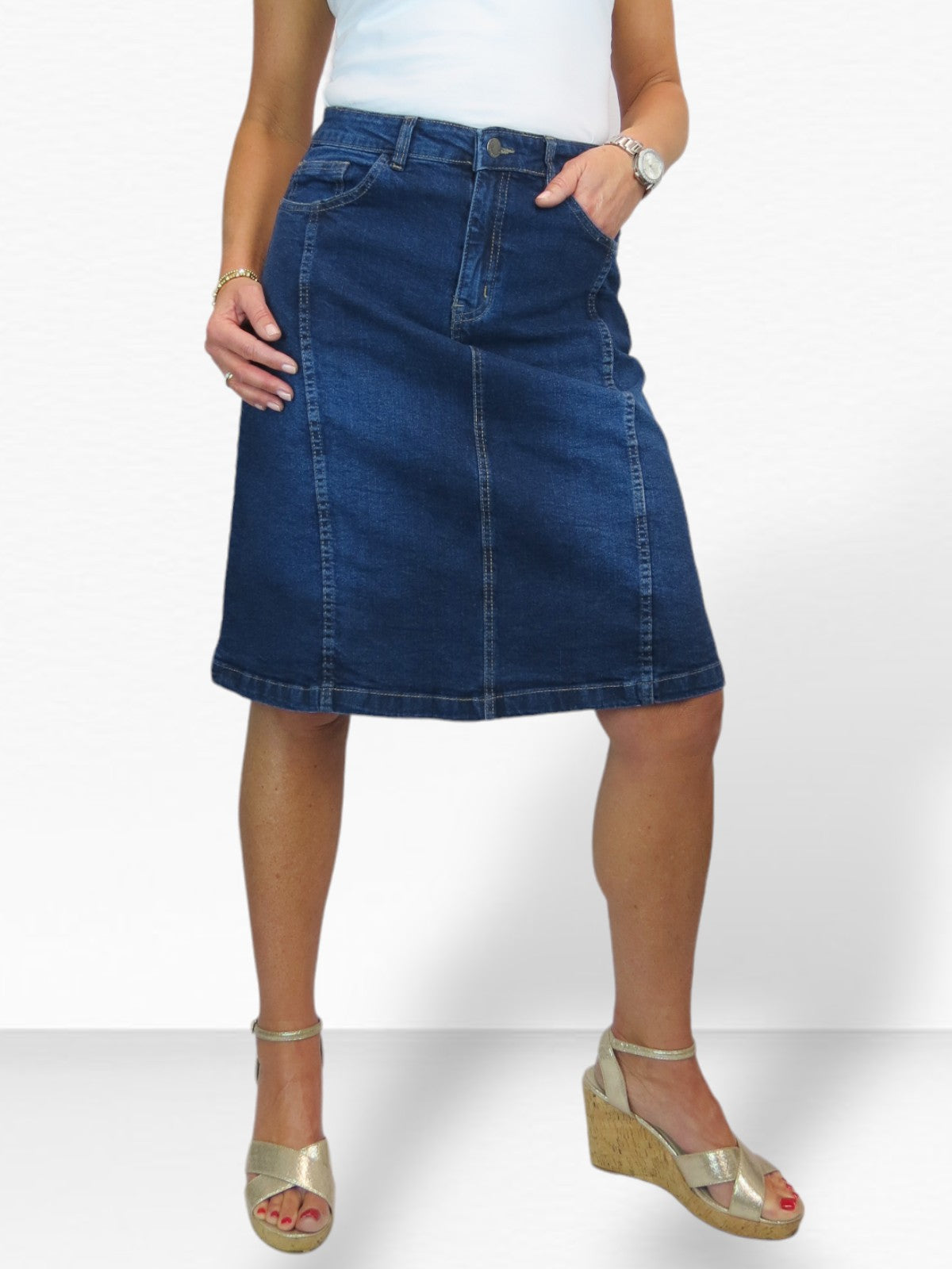 Women's Panelled Denim A Line Skirt Faded Indigo