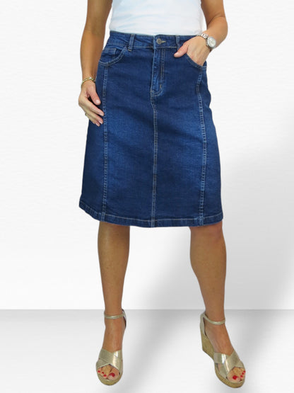 Women's Panelled Denim A Line Skirt Faded Indigo