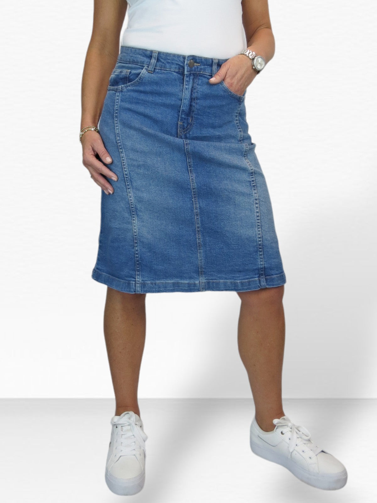 Women's Panelled Denim A Line Skirt Mid Blue Faded