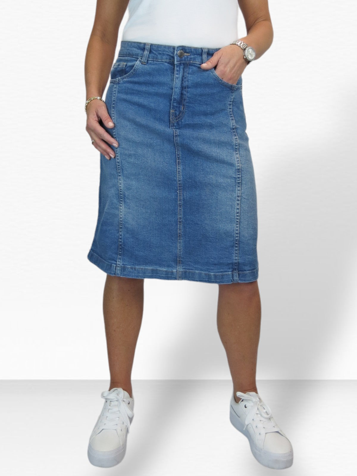 Women's Panelled Denim A Line Skirt Mid Blue Faded