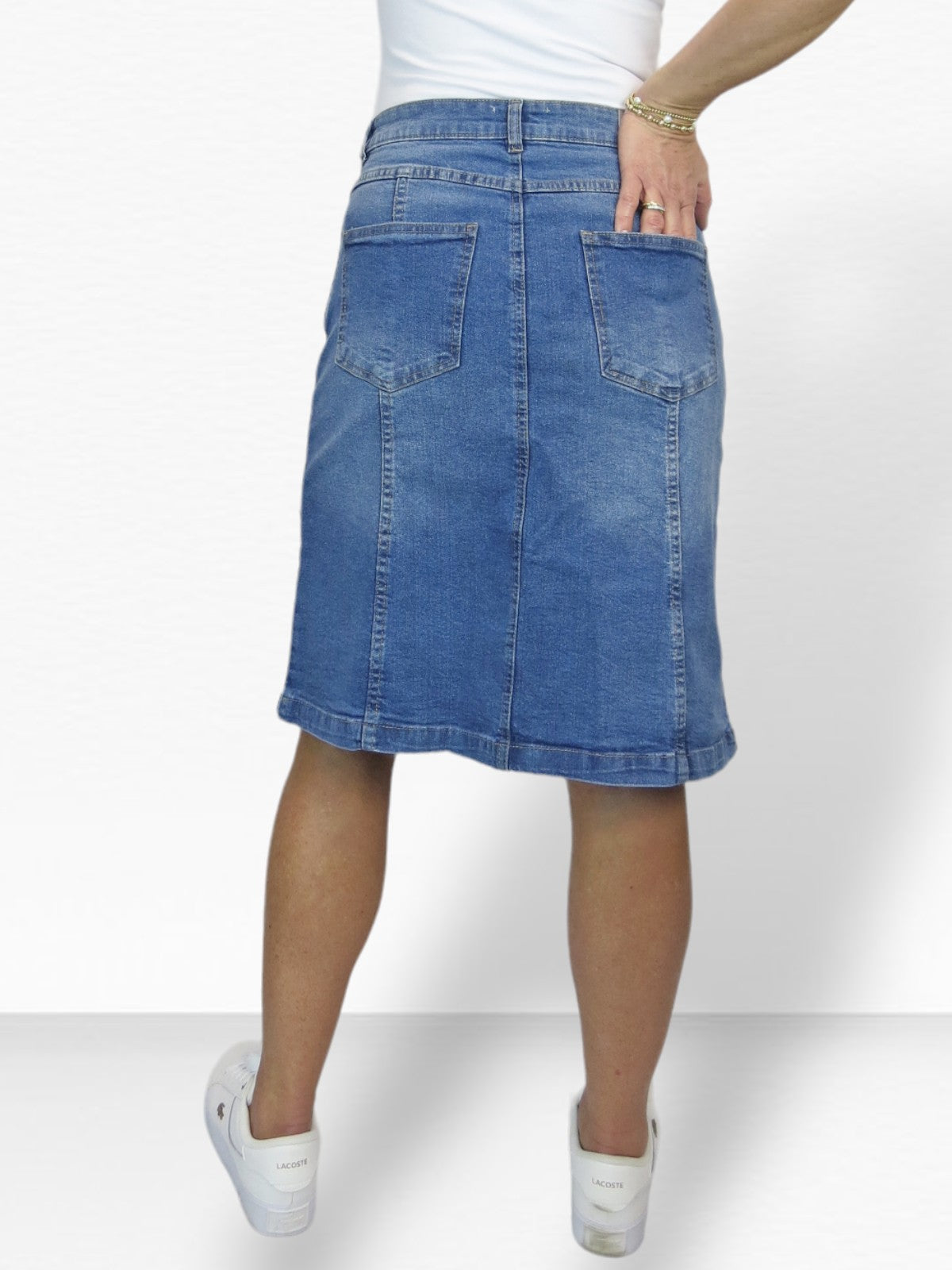 Women's Panelled Denim A Line Skirt Mid Blue Faded