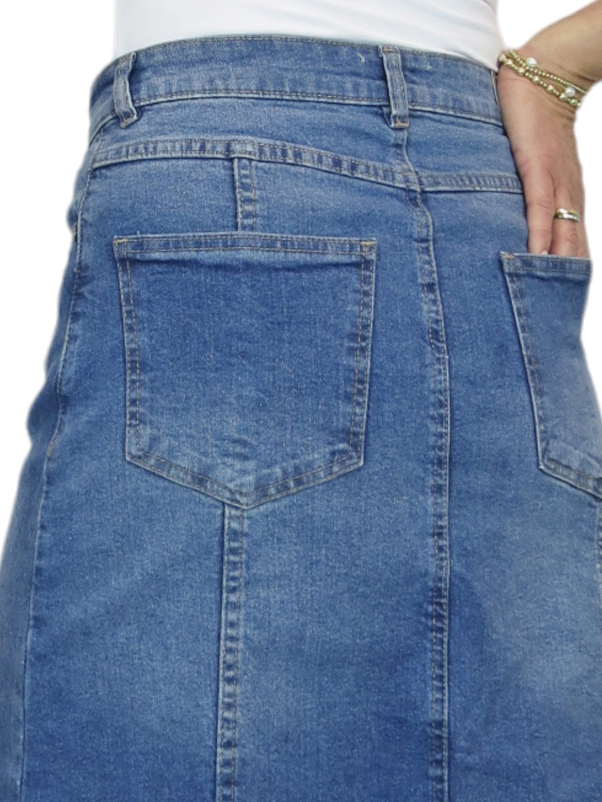 Women's Panelled Denim A Line Skirt Mid Blue Faded