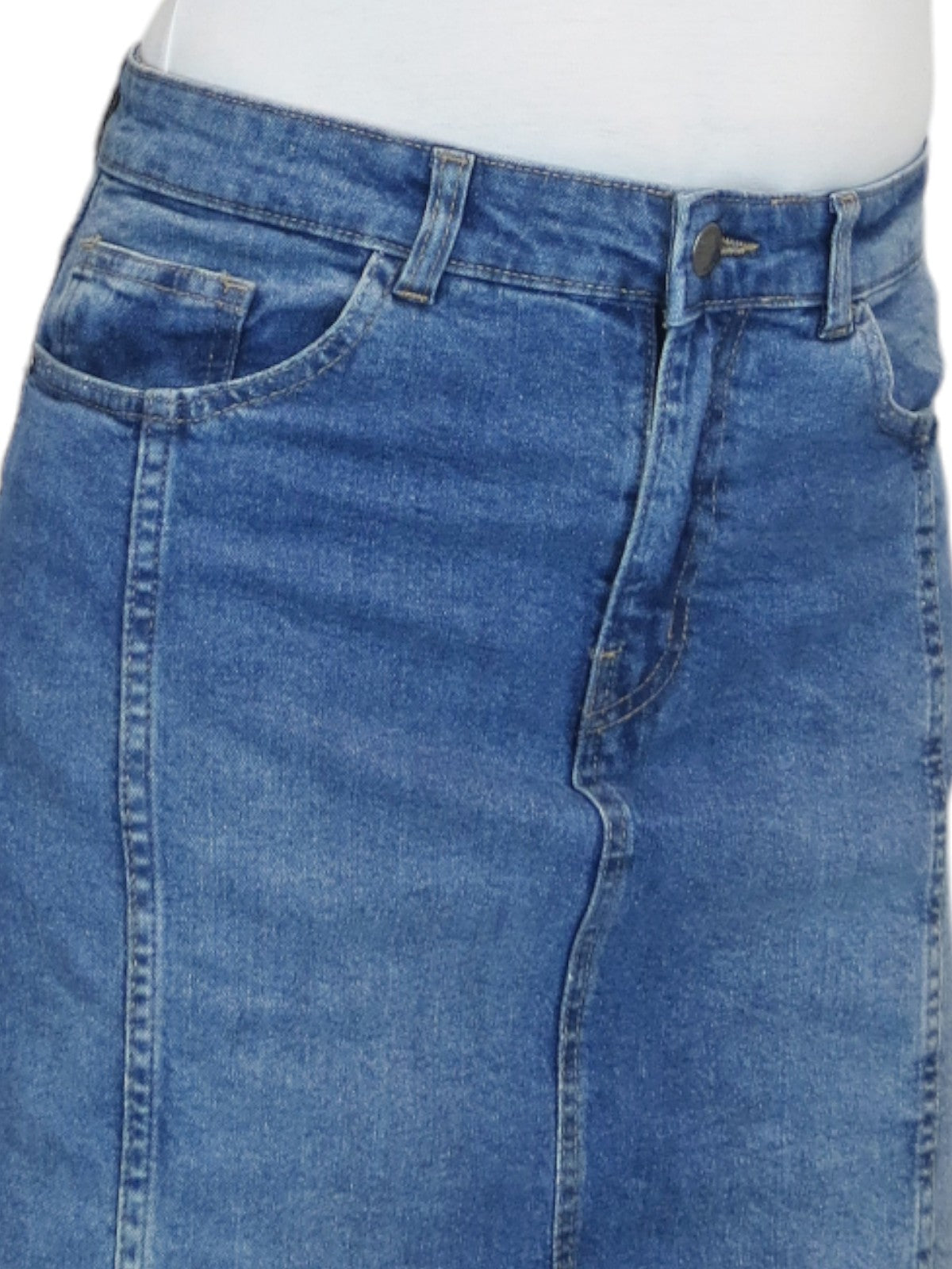 Women's Panelled Denim A Line Skirt Mid Blue Faded